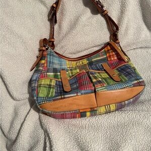 Dooney & Bourke Patchwork Plaid Shoulder Bag in Multi with Tan Trim